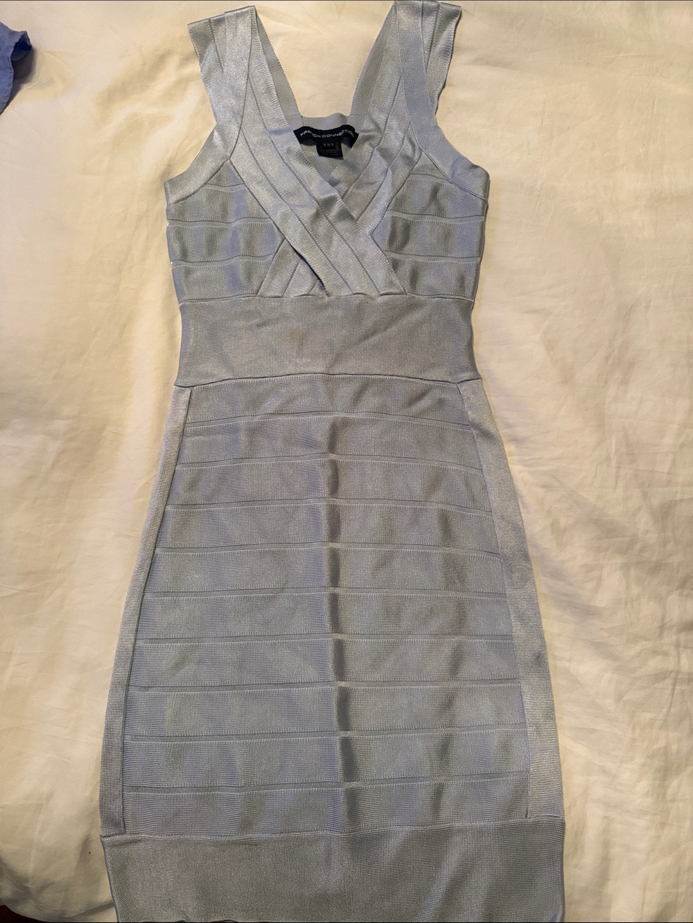 French Connection Light Blue Fitted V‑Neck Midi Dress